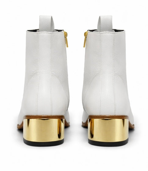 WHITE LEATHER ANKLE BOOTS WITH GOLD BLOCK HEEL