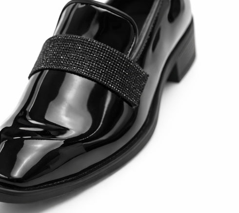 MEN'S PREMIUM BLACK PATENT LEATHER LOAFER SHOES WITH CRYSTAL STRAP