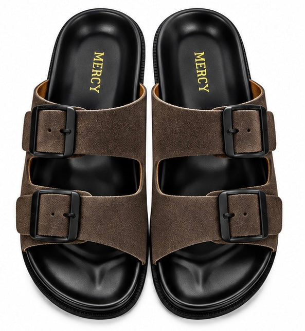 MEN’S DOUBLE-BUCKLE SLIDES – BROWN