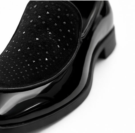 MEN'S PREMIUM BLACK PATENT LEATHER DESIGNER LOAFER SHOES WITH TEXTURED UPPER