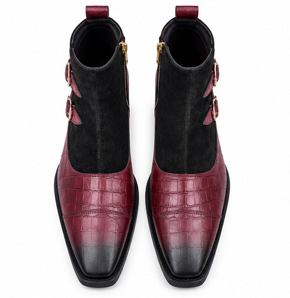 BURGUNDY & BLACK CROC TEXTURE DOUBLE BUCKLE ANKLE BOOTS