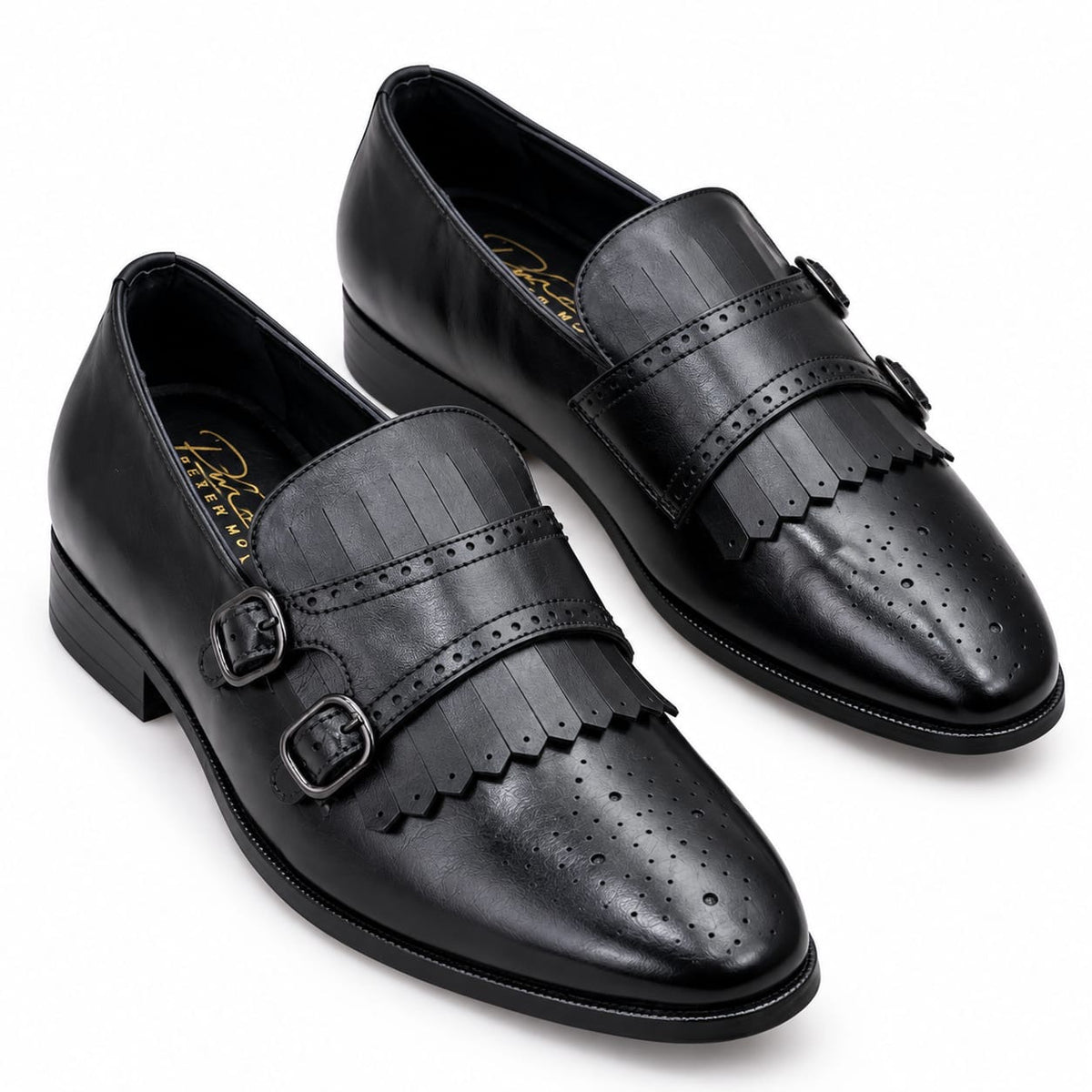 BLACK DOUBLE MONK STRAP FRINGE LOAFERS WITH BROGUE DETAILING