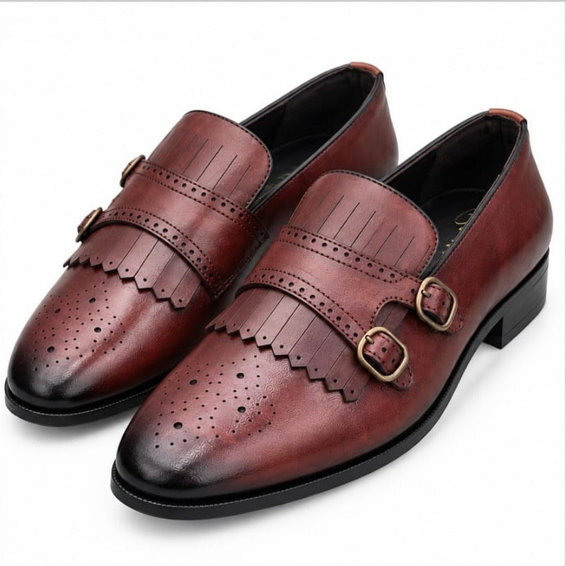 MAROON DOUBLE MONK STRAP LOAFERS WITH FRINGE DETAILING