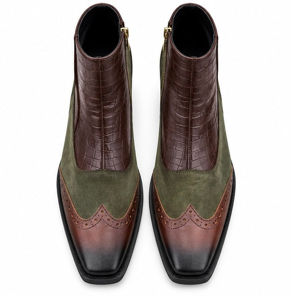 BROWN & OLIVE GREEN CROC TEXTURE ANKLE BOOTS