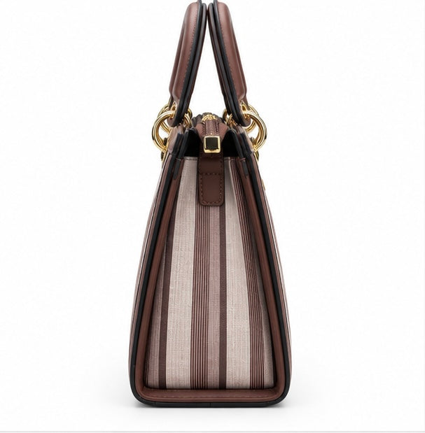 BROWN & CREAM STRIPED TOP HANDLE HANDBAG