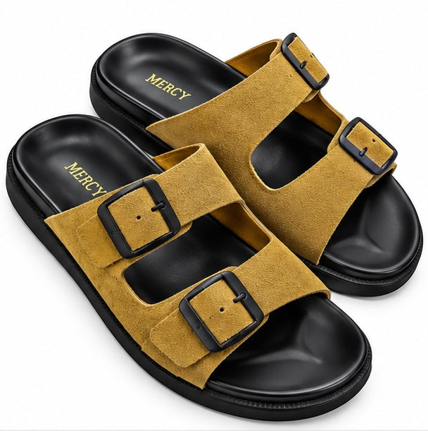 MEN’S DOUBLE-BUCKLE SLIDES – MUSTARD