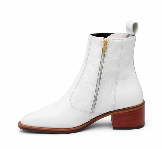 WHITE LEATHER ANKLE BOOTS WITH BLOCK HEEL – PREMIUM SIDE ZIP CASUAL & FORMAL BOOT