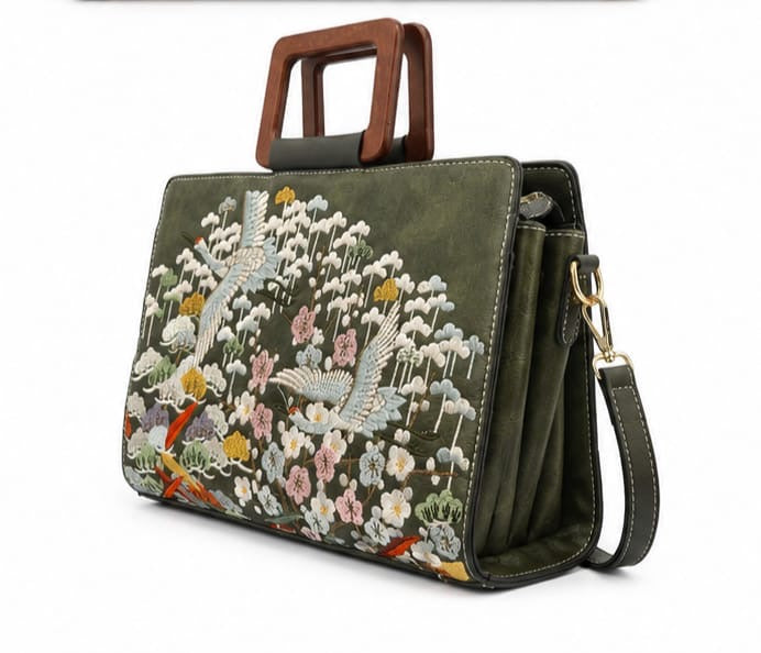 HANDCRAFTED FLORAL VINTAGE TOP HANDLE BAG GREEN