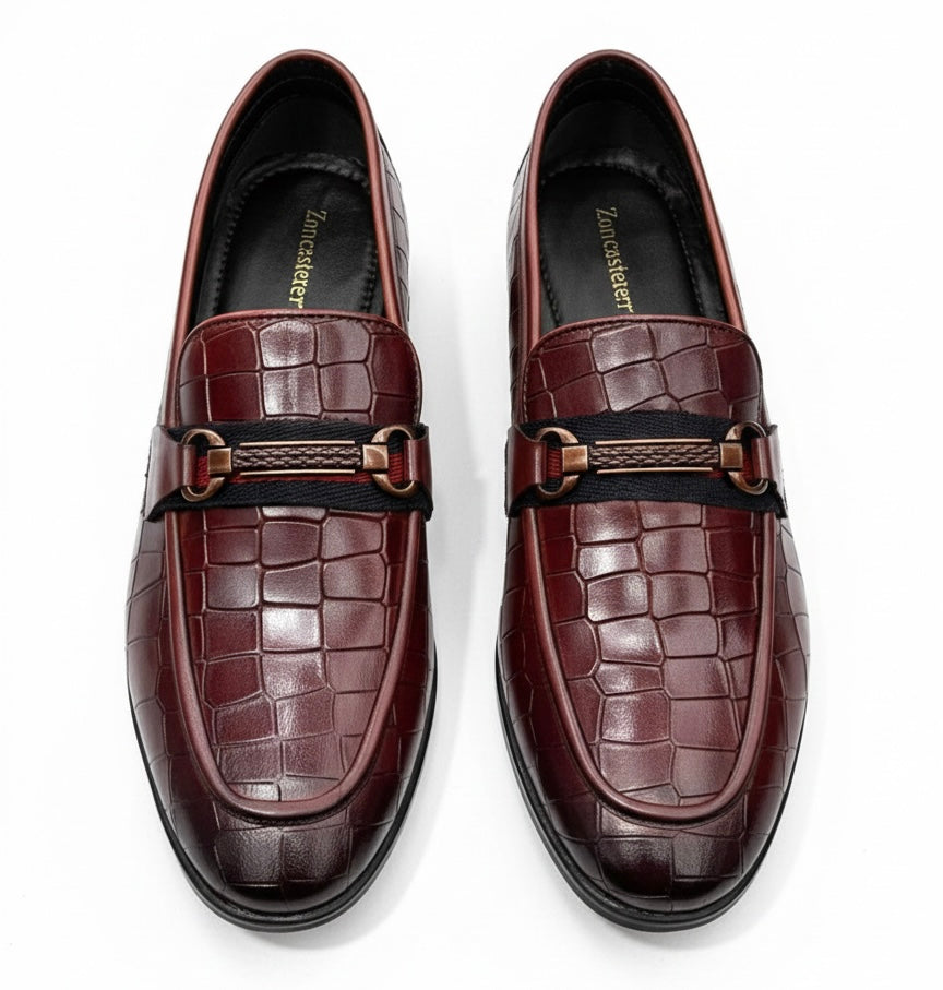 BURGUNDY CROCODILE TEXTURED HORSEBIT LOAFERS