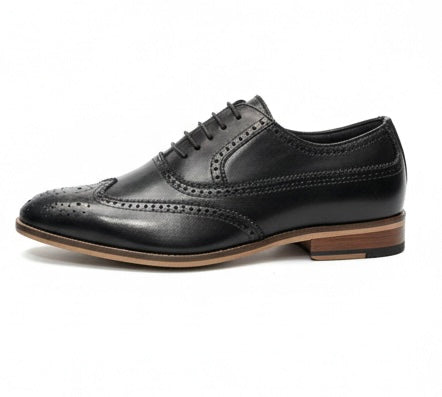 BLACK LEATHER BROGUE OXFORD SHOES (WOODEN SOLE)
