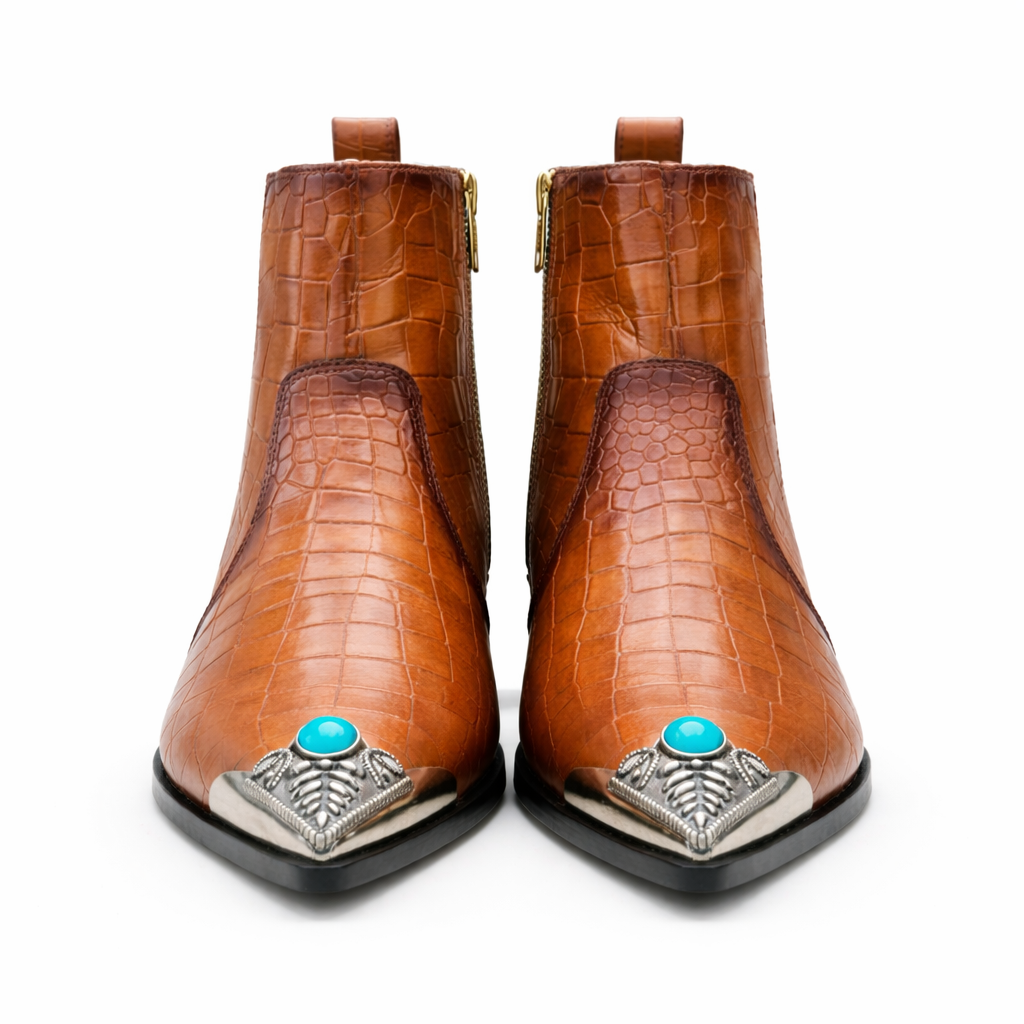 BROWN CROC TEXTURE LEATHER ANKLE BOOTS WITH METAL TOE CAP