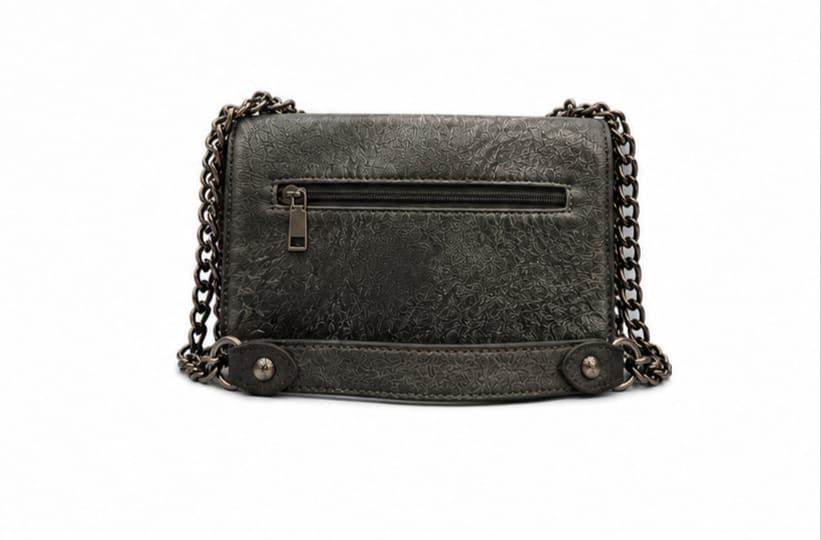 HANDCRAFTED EMBOSSED LEATHER CHAIN SHOULDER BAG BLACK