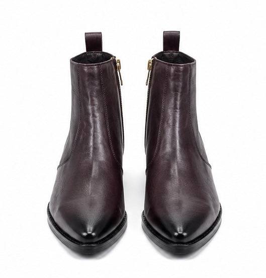 PREMIUM DARK BROWN LEATHER ANKLE BOOTS WITH GOLD ZIPPER AND SLEEK FINISH