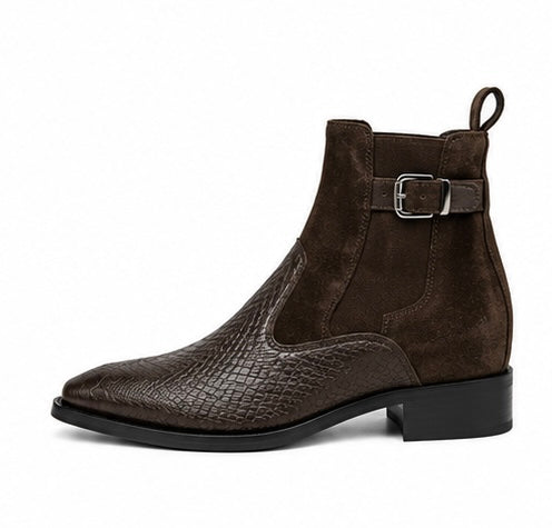 MEN’S DARK BROWN CROCODILE TEXTURE CHELSEA BOOTS – PREMIUM SIDE BUCKLE ANKLE BOOTS
