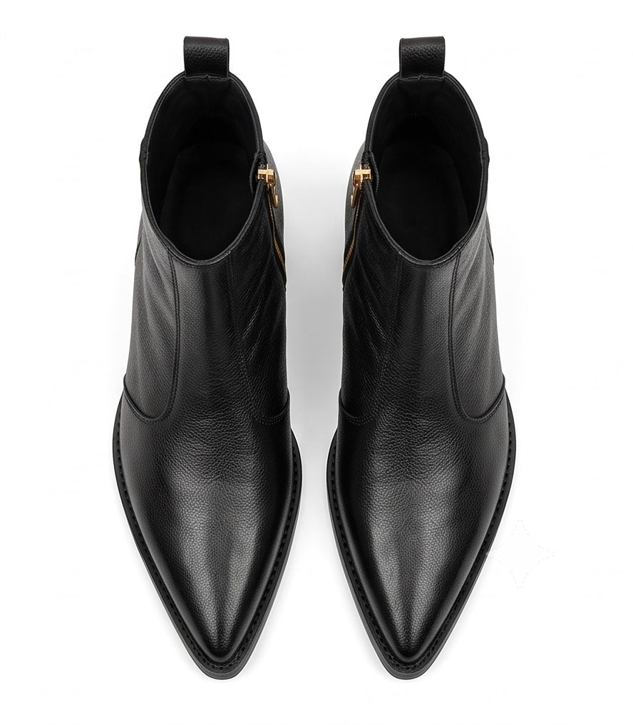 Black Pointed Toe Leather Ankle Boots