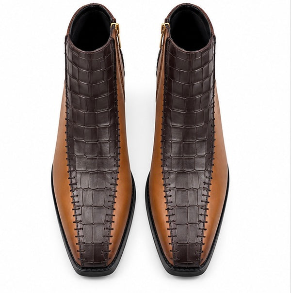 TAN & BROWN CROC TEXTURE LEATHER ANKLE BOOTS
