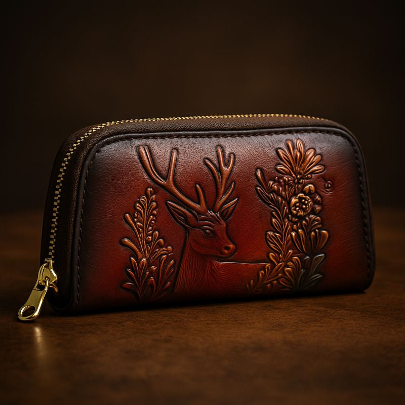 WOMEN’S LEATHER WRISTLET BAG – EMBOSSED ZIP CLUTCH PURSE