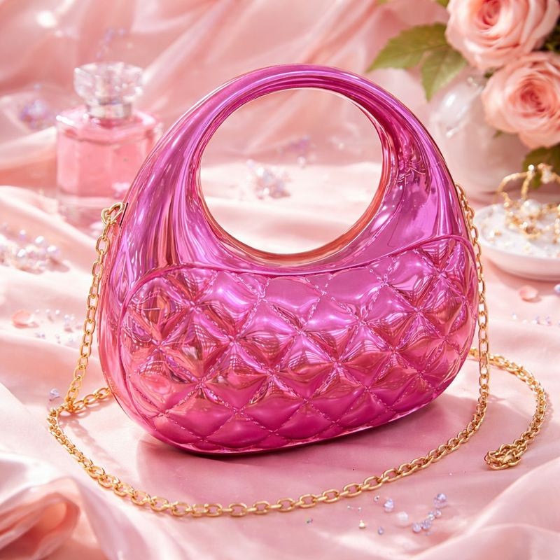 MIRROR FINISH SCULPTURAL HANDBAG WITH CHAIN STRAP – PINK