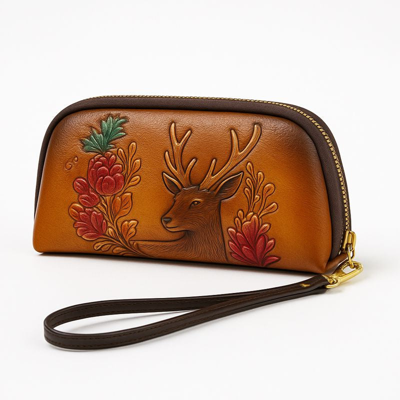 WOMEN’S LEATHER WRISTLET BAG – EMBOSSED BROWN ZIP CLUTCH