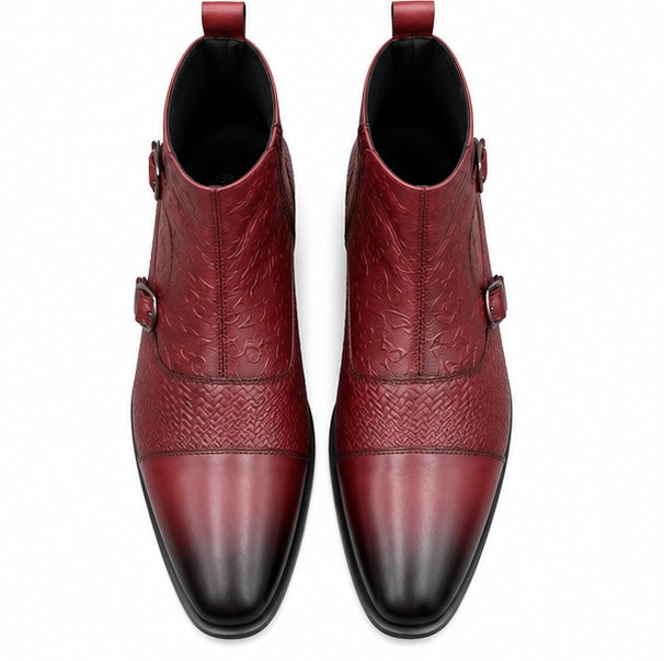 PREMIUM BURGUNDY BUCKLE DETAIL LEATHER ANKLE BOOTS