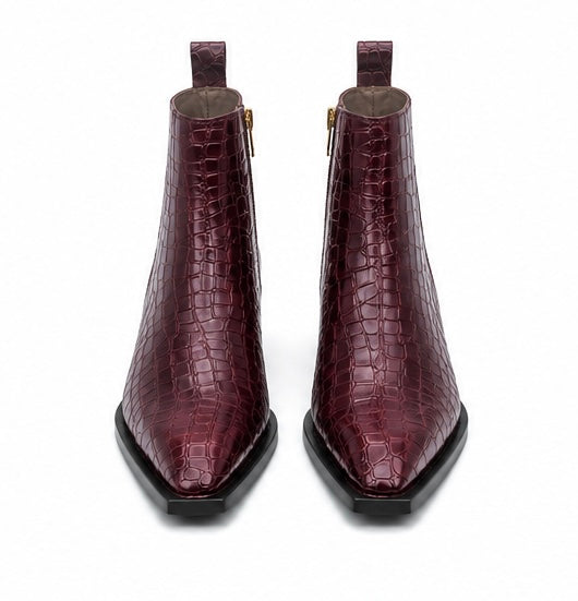 PREMIUM BURGUNDY CROCODILE EMBOSSED LEATHER ANKLE BOOTS WITH GOLD ZIPPER