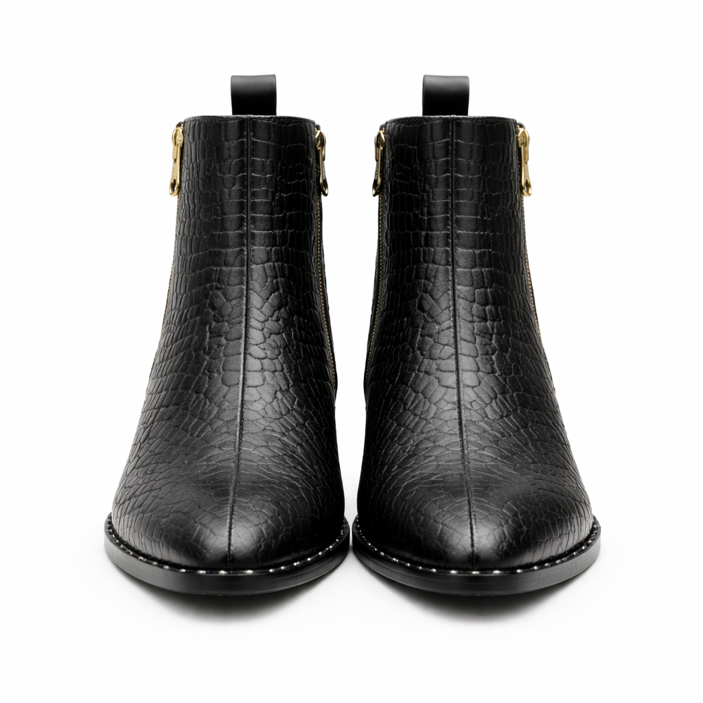 BLACK CROC-EMBOSSED LEATHER ANKLE BOOTS WITH GOLD SIDE ZIP