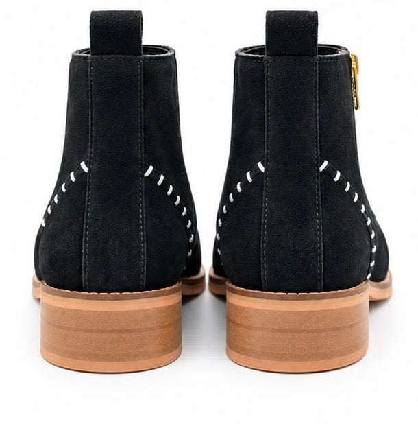 BLACK SUEDE LEATHER ANKLE BOOTS WITH CONTRAST STITCHING & WOODEN HEEL