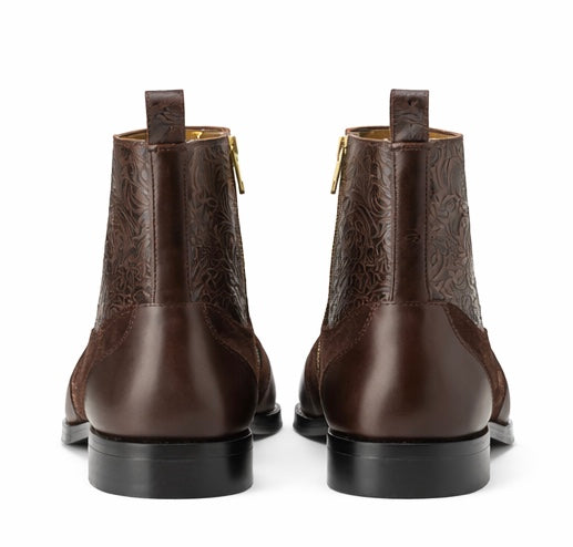 MEN’S BROWN EMBOSSED LEATHER BROGUE ZIP ANKLE BOOTS