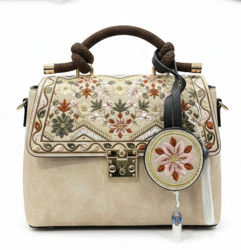 LUXURY EMBROIDERED BEIGE TOP HANDLE HANDBAG FOR WOMEN