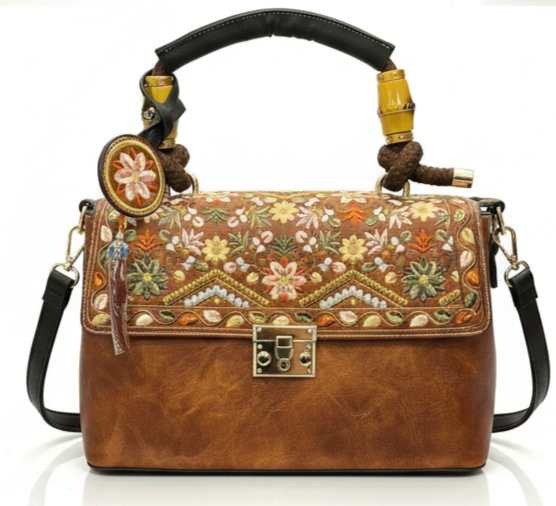 LUXURY EMBROIDERED BROWN TOP HANDLE SHOULDER HANDBAG FOR WOMEN