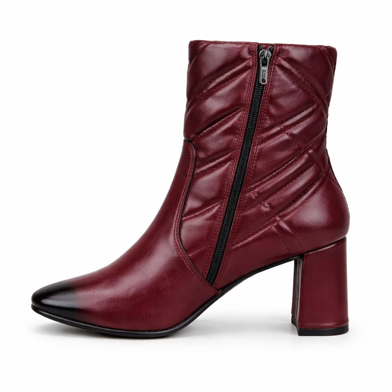 WOMEN’S MAROON QUILTED ANKLE BOOTS WITH BLOCK HEEL AND SIDE ZIP