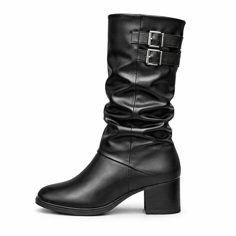 WOMEN’S BLACK MID-CALF BOOTS WITH BUCKLE DETAIL AND BLOCK HEEL
