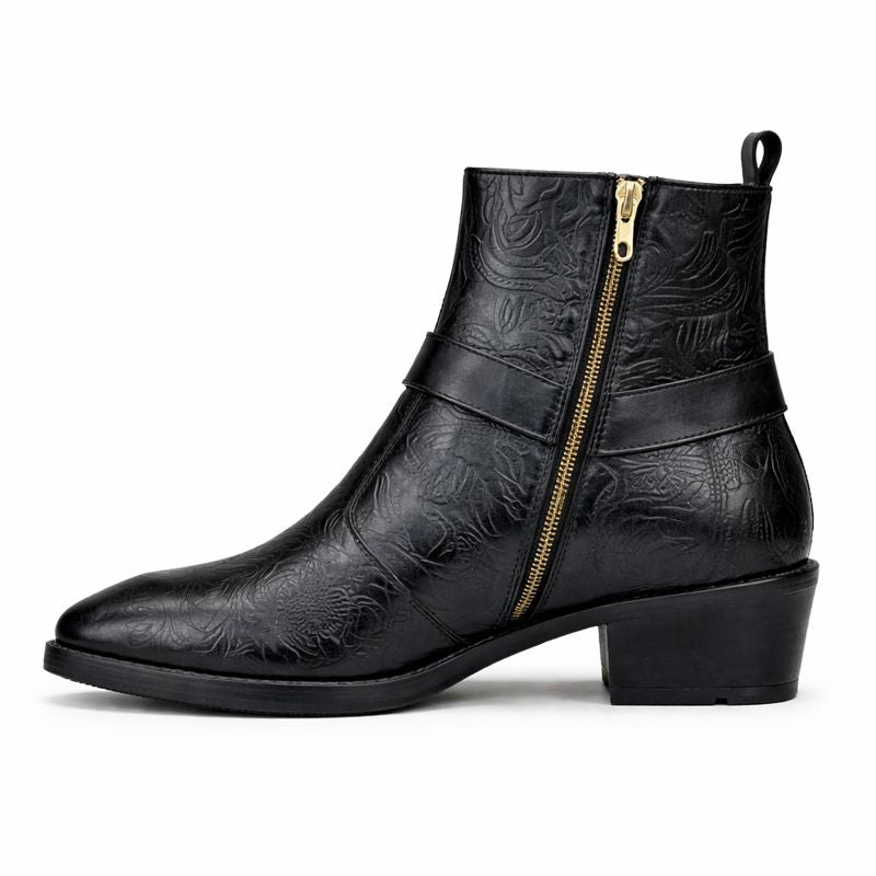 MEN’S BLACK EMBOSSED ANKLE BOOTS WITH SIDE ZIP AND BLOCK HEEL