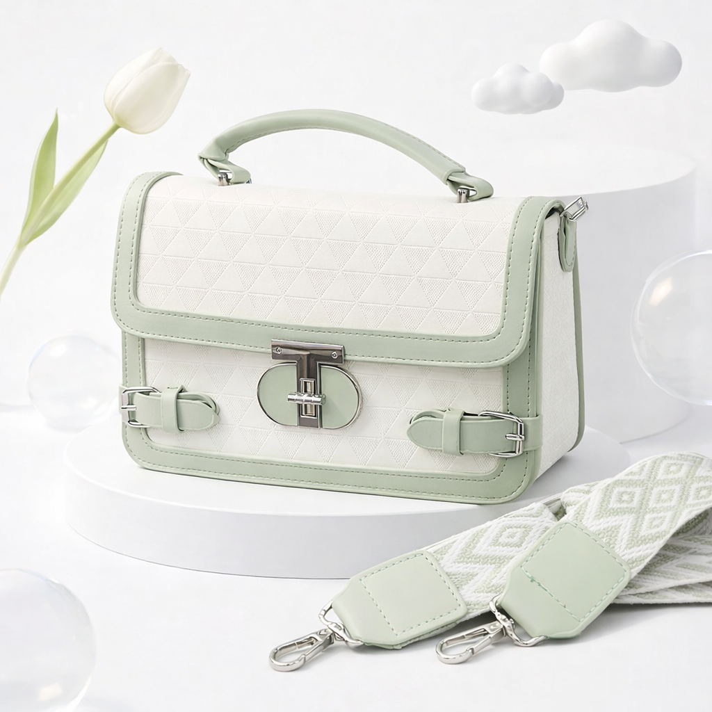 WOMEN’S MINT GREEN & WHITE HANDBAG WITH SLING STRAP