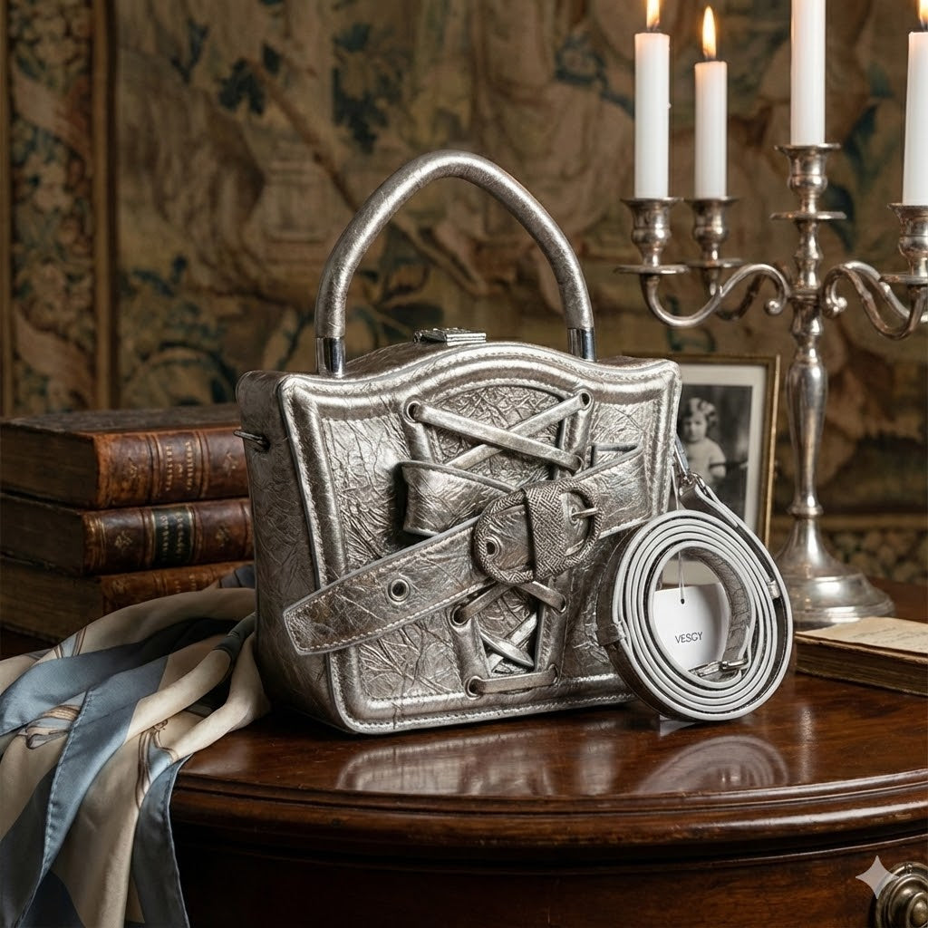 MERCY METALLIC SILVER CORSET-STYLE STRUCTURED HANDBAG