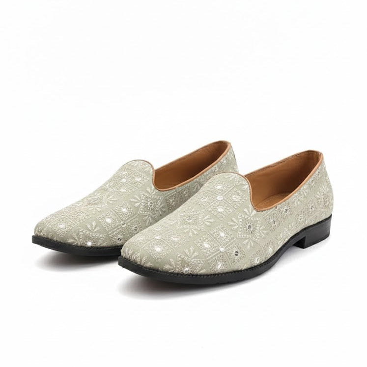 MEN’S BEIGE EMBROIDERED FORMAL SLIP-ON SHOES