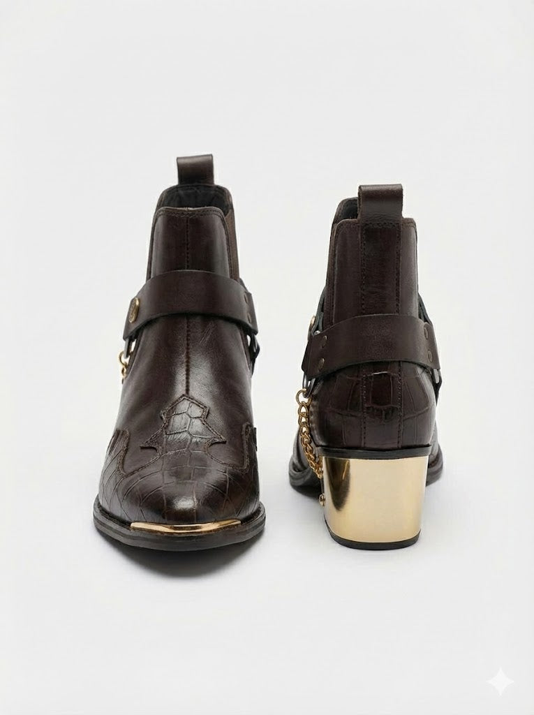 POINTED TOE SEMI TEXTURED WITH GOLDEN HEEL AND TOE IN COWBOY PATTERN LEATHER CHELSEA