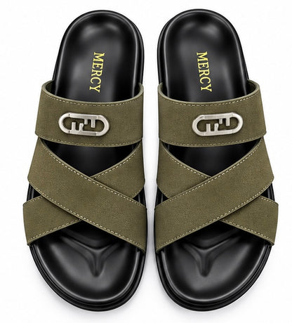 MEN’S CROSS-STRAP SLIDES – OLIVE