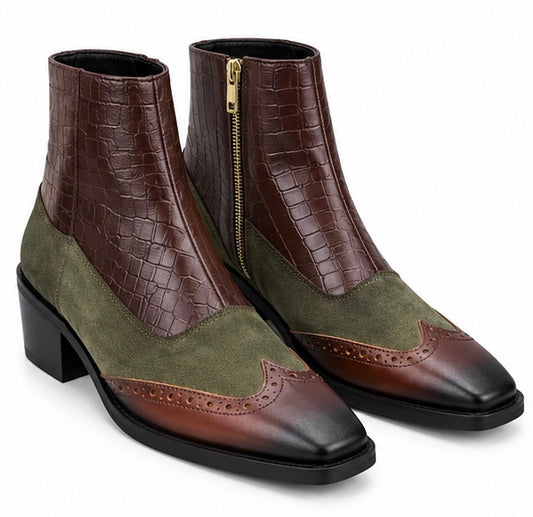 BROWN & OLIVE GREEN CROC TEXTURE ANKLE BOOTS