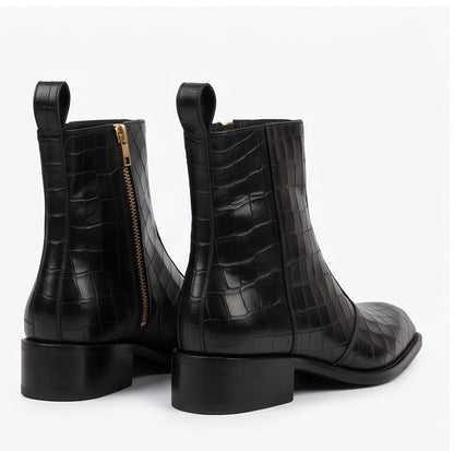 PREMIUM BLACK CROCODILE-EMBOSSED LEATHER SQUARE-TOE CHELSEA BOOTS WITH GOLD SIDE ZIPPER