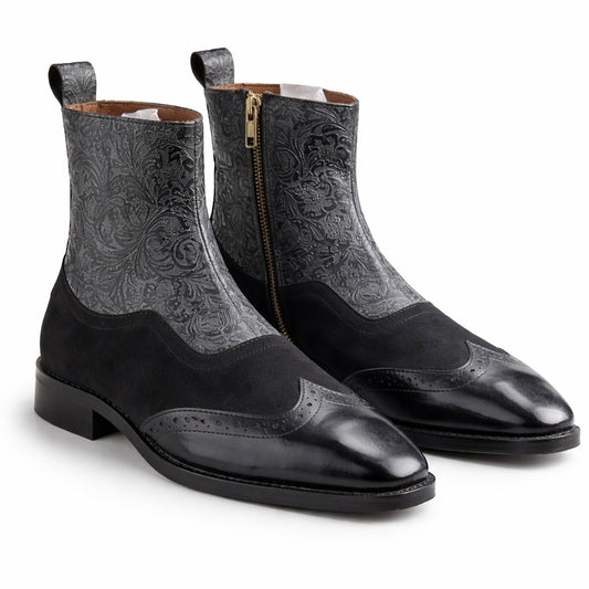 BLACK EMBOSSED LEATHER & SUEDE CHELSEA BOOTS WITH BROGUE DETAIL