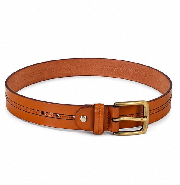 TAN ORANGE LEATHER BELT WITH DOUBLE STITCHING
