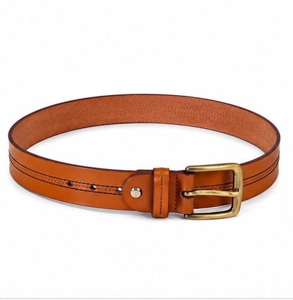 TAN ORANGE LEATHER BELT WITH DOUBLE STITCHING