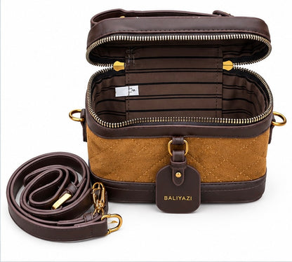 MUSTARD BROWN & GREY ZIPPER CROSSBODY BAG