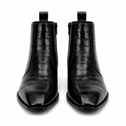 MEN’S BLACK CROCODILE TEXTURE CHELSEA BOOTS – PREMIUM LEATHER ZIPPER ANKLE