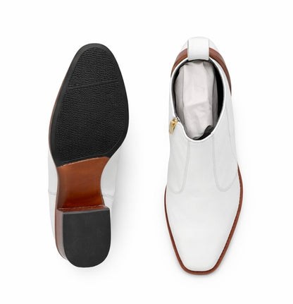 WHITE LEATHER ANKLE BOOTS WITH BLOCK HEEL – PREMIUM SIDE ZIP CASUAL & FORMAL BOOT