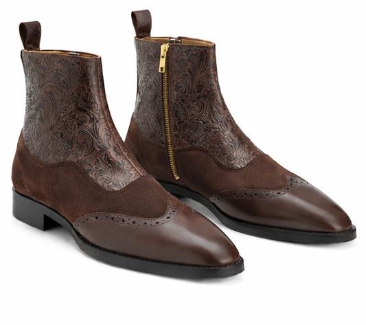 MEN’S BROWN EMBOSSED LEATHER BROGUE ZIP ANKLE BOOTS