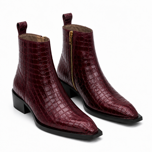 PREMIUM BURGUNDY CROCODILE EMBOSSED LEATHER ANKLE BOOTS WITH GOLD ZIPPER
