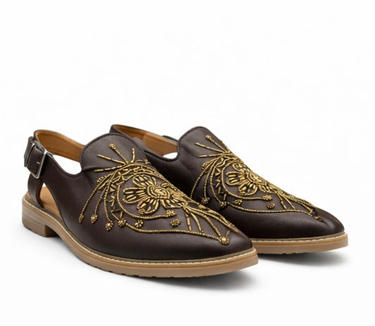 MEN'S PREMIUM BROWN DESIGNER EMBROIDERED ETHNIC SLIP-ON SANDAL SHOES