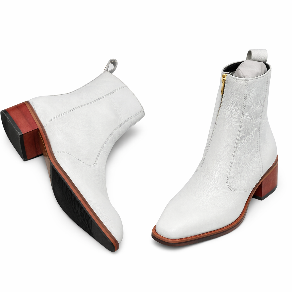 WHITE LEATHER ANKLE BOOTS WITH BLOCK HEEL – PREMIUM SIDE ZIP CASUAL & FORMAL BOOT